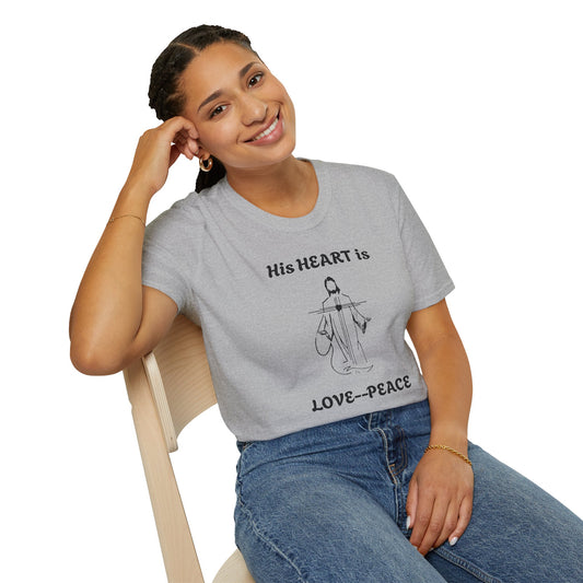 His Heart is Love-Peace Graphic T-Shirt, Unisex Spiritual Tee, Positive Vibe Shirt, Casual Gift for Friends and Family, Unique Faith Apparel