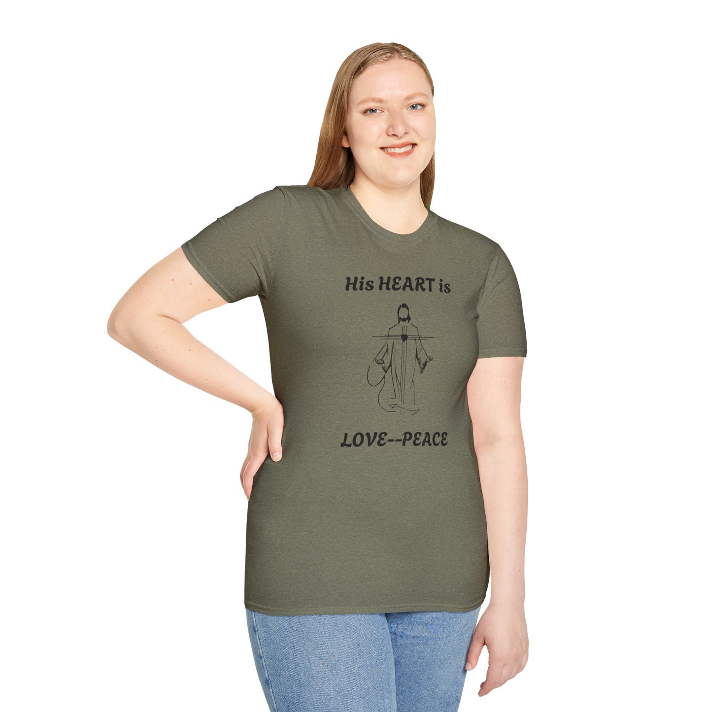 His Heart is Love-Peace Graphic T-Shirt, Unisex Spiritual Tee, Positive Vibe Shirt, Casual Gift for Friends and Family, Unique Faith Apparel